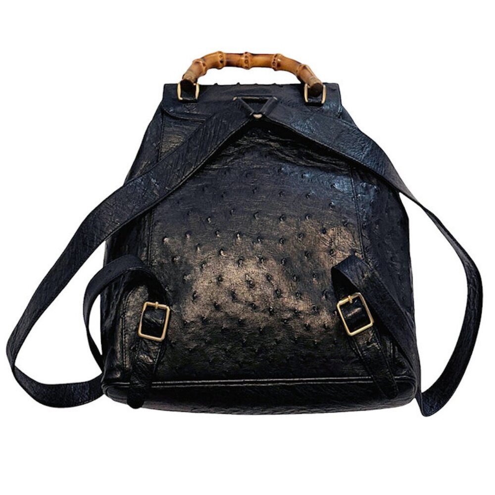 Vintage GUCCI Black Ostrich Skin Backpack Handbag with Bamboo Accents - Picture 3 of 15